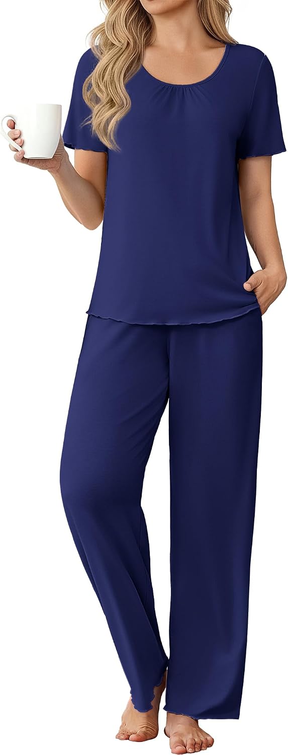 Women Pajama Sets Viscose from bamboo Lounge Set Soft Pajamas for Women Set Short Sleeve and Long Pants Sleepwear