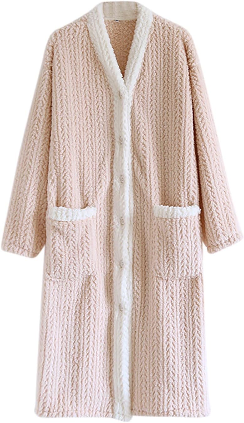 Women Robe Knee Length Fleece Plush Soft Fluffy Fuzzy Cozy Warm Thickened Bathrobe Long Sleeve Loose Sleepwear
