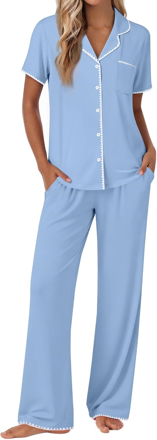 Pajamas for Women Set Button Up Soft Pjs Short Sleeve 2 Piece Lounge Sets Comfy Sleepwear