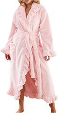 Women  Soft Ruffle Ankle-Length Fleece Robe Thickened Ruffle Trim Fashion Sleepwear Robes with Side Pockets