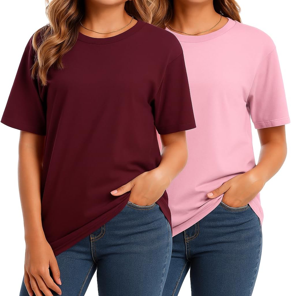 Non-Transparent Premium Combed Cotton T-Shirts for Women, 2-Pack High-Density Compact-Spun Knit Crewneck Loose Fit Tops