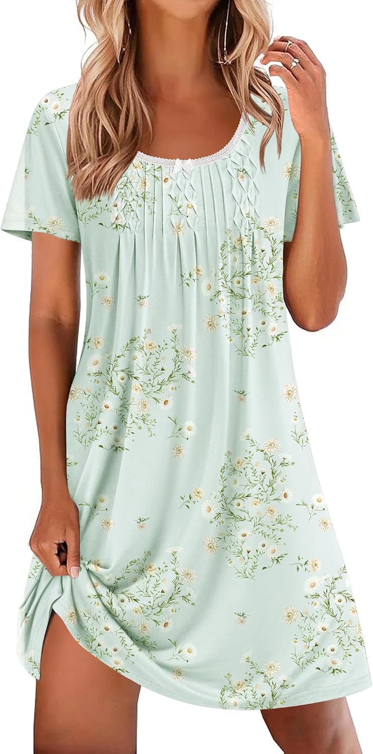 Nightgowns for Women Pleated Sleep Shirts Short Sleeve Night Shirts Lace Trim Night Gown Ladies Sleep Dress