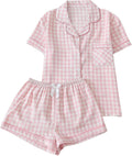 Women Plaid 2 Piece Cute Pajama Sets Short Sleeve Button Down Shirts with Shorts Loungewear