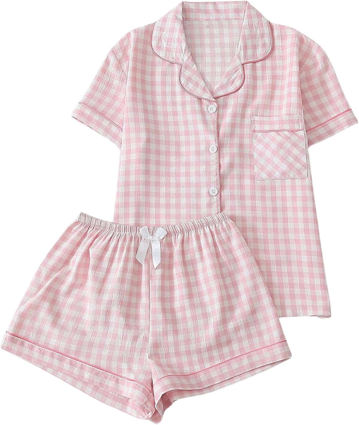 Women Plaid 2 Piece Cute Pajama Sets Short Sleeve Button Down Shirts with Shorts Loungewear