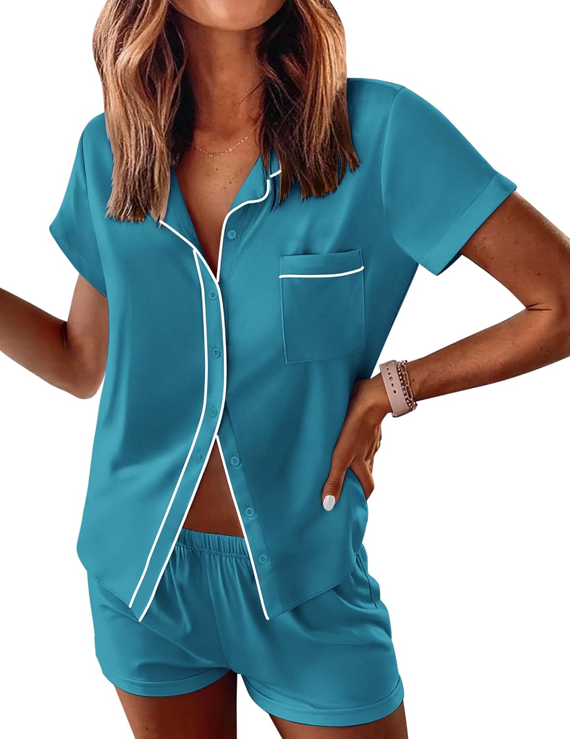 Women Pajama Sets Button Down Lounge Set 2 Piece Loungewear Soft Sleepwear Short Sleeve Pjs with Pockets