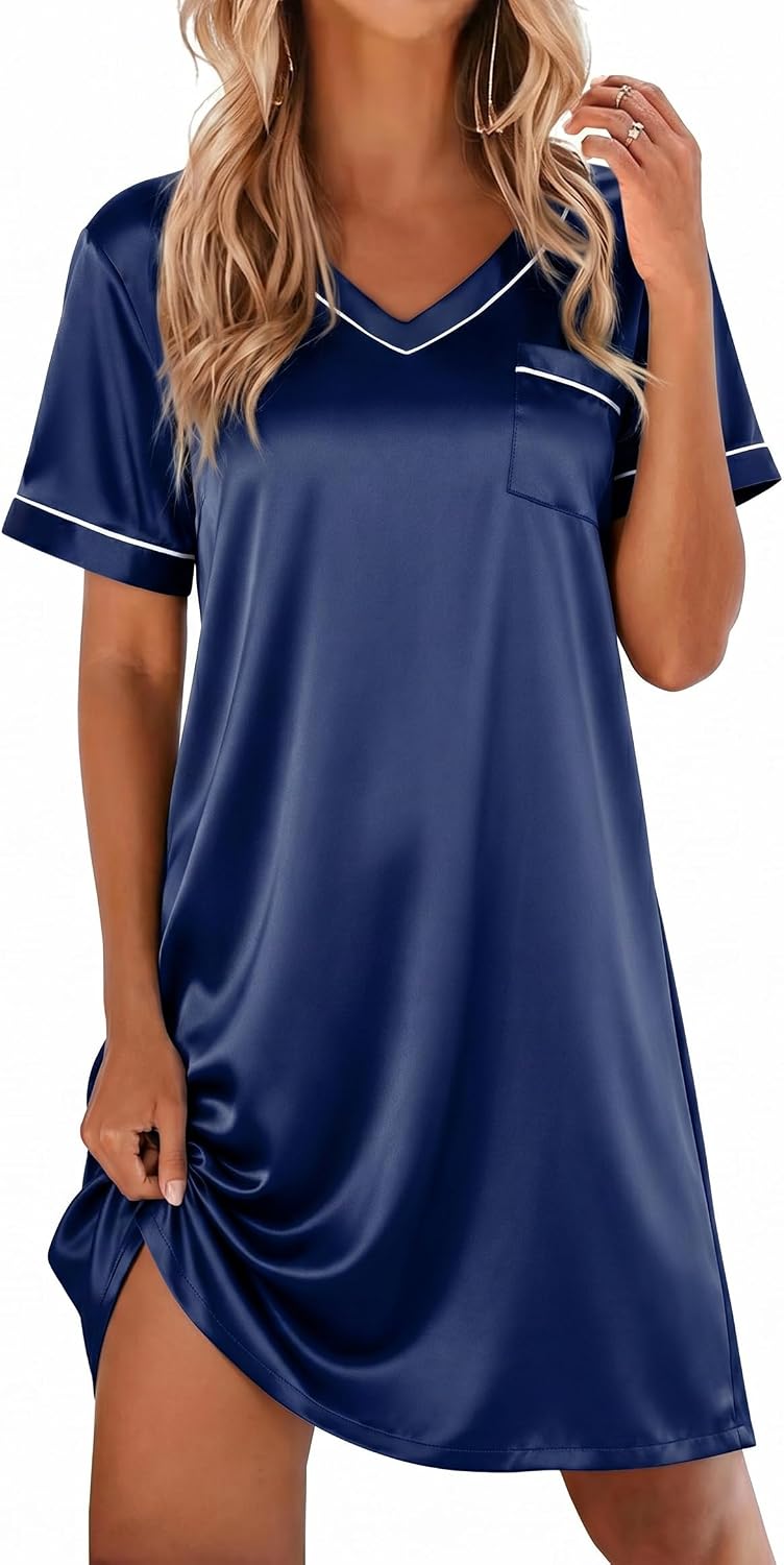Satin Nightgowns for Women Silk Sleep Shirt Silky Loose Sleepwear V Neck Nightshirt Short Sleeve Pajamas