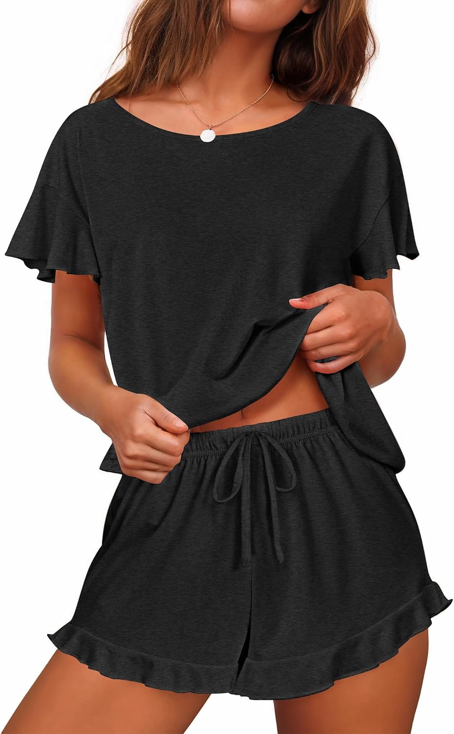 Women Pajama Set Ruffle Sleeves Top and Short Soft 2 Piece Loungewear Set