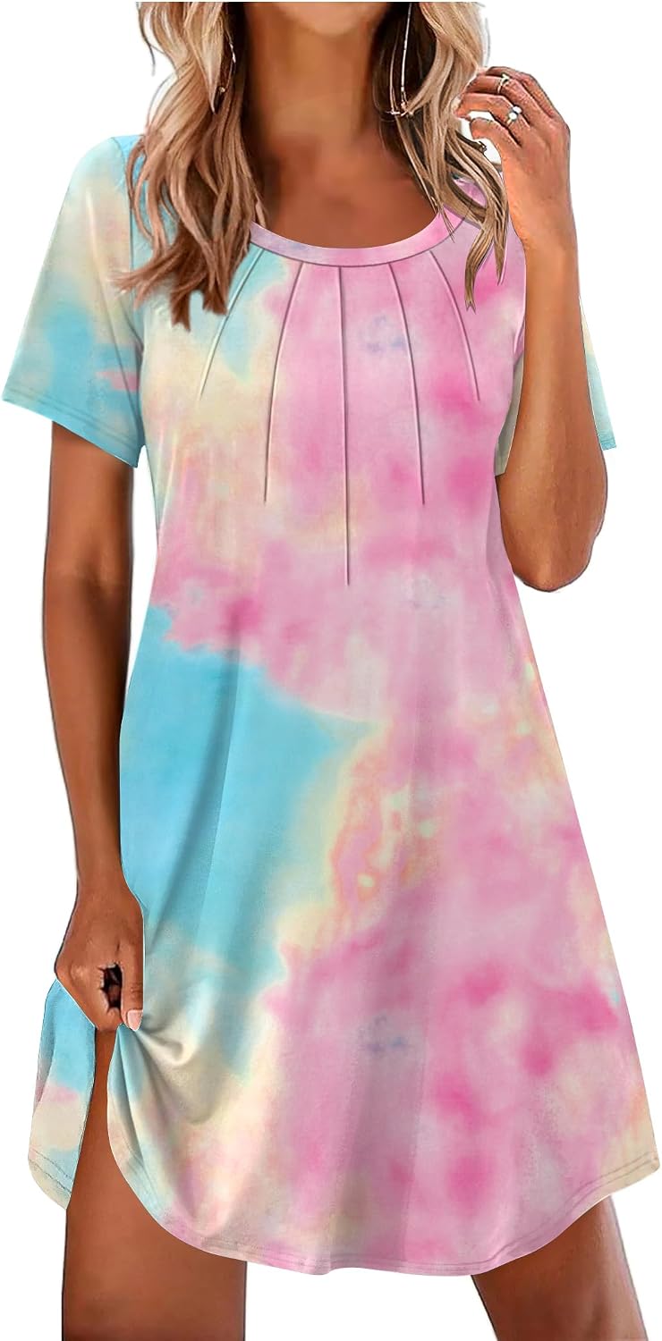 Nightgowns for Women Pleated Nightshirts Short Sleeve Sleepshirts Crew Neck Sleepwear Soft Night Gown Sleepdress
