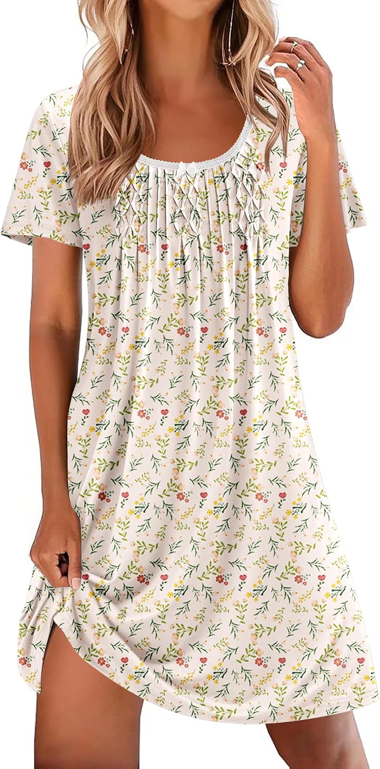 Nightgowns for Women Pleated Sleep Shirts Short Sleeve Night Shirts Lace Trim Night Gown Ladies Sleep Dress