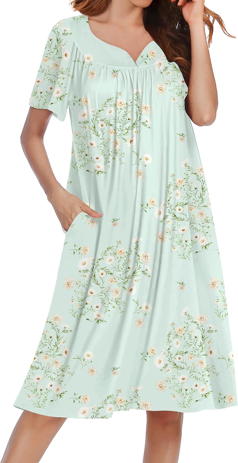Nightgowns for Women Short Sleeve House Dress with Pockets Soft  Pleated  Dresses V Neck Sleepwear